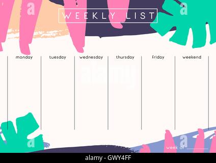 Printable weekly planner template design decorated with hand drawn green tropical leaves colorful brush strokes in fuchsia, lave Stock Vector