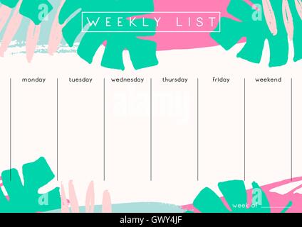 Printable weekly planner template design decorated with hand drawn green tropical leaves and colorful brush strokes in fuchsia,  Stock Vector