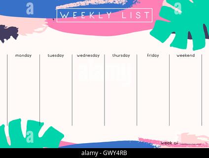 Printable weekly planner template design decorated with hand drawn green tropical leaves and colorful brush strokes in fuchsia,  Stock Vector