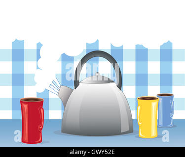 an illustration of a metallic kettle boiling with three mugs in red blue and yellow and white steam on a gingham background Stock Photo