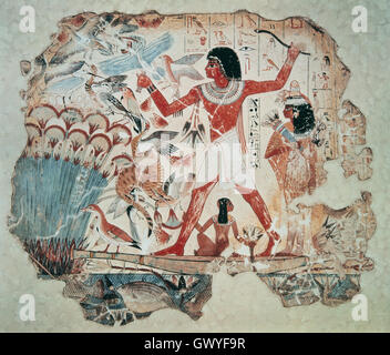 Nebamun hunting in the marshes - From Thebes - 1370 B.C. Stock Photo