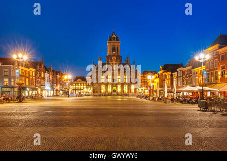 Markt square at night in Delft, Netherlands Stock Photo