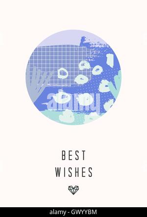 A collage of blue and purple hand drawn elements and grid texture. Modern and original greeting card design. Stock Vector