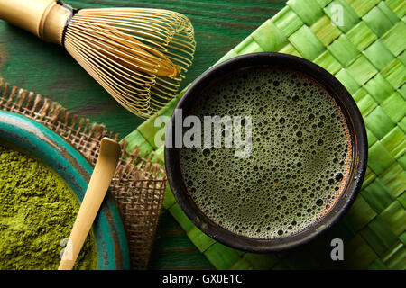 Matcha tea powder bamboo whisk chasen and spoon for japanese ceremony Stock Photo