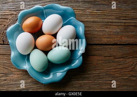 Colorful eggs in white brown and blue colors in a plate on wooden table Stock Photo
