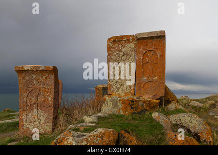 Cross stones known as Khachkars at the Hayravank Monastery in Armenia. Stock Photo