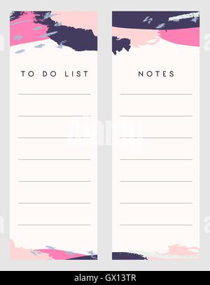 Printable notes and to do list template designs decorated with hand drawn colorful brush strokes in fuchsia, dark purple and pea Stock Vector