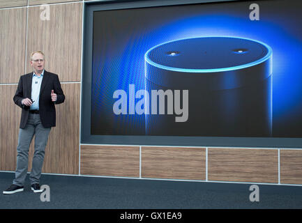 Dave Limp, Senior Vice President, Amazon Devices and Services, introduces Amazon Alexa, Echo and the All-New Echo Dot at a product launch in London. Stock Photo
