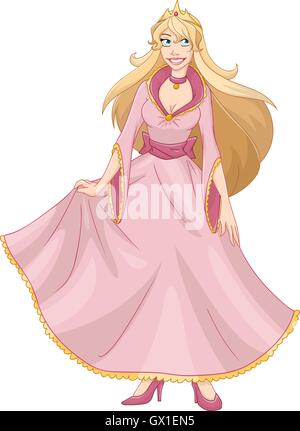 Vector illustration of a princess in pink yellow dress and crown. Stock Vector