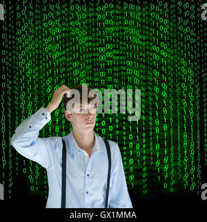 Businessman or teacher with binary on background Stock Photo