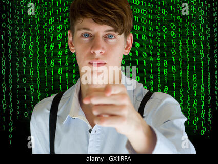 Businessman or teacher with binary on background Stock Photo