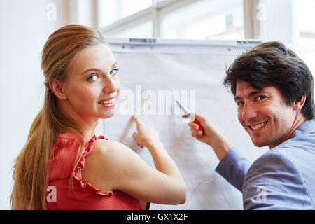 Woman and man finding solution with flipchart as a business team Stock Photo