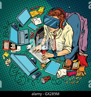 IT geek working on computers, virtual reality Stock Vector