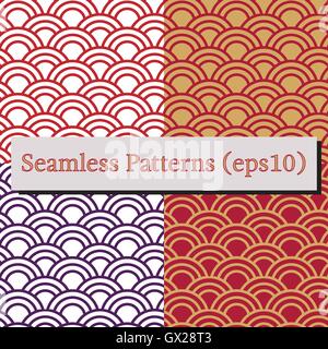Traditional japanese seamless wave pattern set in red, blue and gold. Good for textile, cover or package. Stock Vector