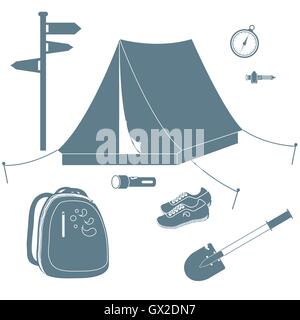 Set of stylized icons of tourist equipment and accessories on a white background Stock Vector