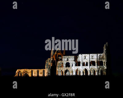 Whitby Abbey at night Esk Valley North Yorkshire Moors England United Kingdom UK Great Britain GB Steam & heritage diesel trains Stock Photo