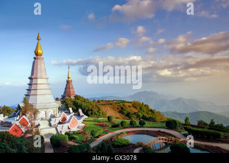 A view of Buddhist temples at Doi Inthanon National Park, near Chiang Mai in Northern Thailand Stock Photo