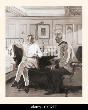 Admiral Dewey, left and General Merritt, right, in Admiral Dewey's cabin on the flag ship Olympia during the Spanish-American War of 1898.  George Dewey, 1837 – 1917.  Admiral of the United States Navy.  Wesley Merritt, 1836 - 1910.  General in the United States Army.  After a drawing by T. de Thulstrup. Stock Photo