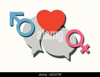 male female and heart symbols with speech bubbles as love chatting concept abstract vector illustration Stock Vector