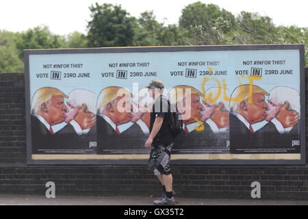 Vote In campaigners political billboard poster in London featuring Donald Trump and Boris Johnson kissing  Featuring: Atmosphere, EU, Politics Where: London, United Kingdom When: 15 Jun 2016 Stock Photo