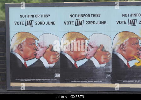 Vote In campaigners political billboard poster in London featuring Donald Trump and Boris Johnson kissing  Featuring: Atmosphere, EU, Politics Where: London, United Kingdom When: 15 Jun 2016 Stock Photo