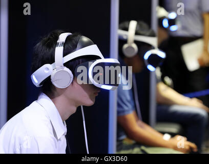 Thursday. 15th Sep, 2016. Visitors try to play virtual videogames with Sony Interactive Entertainment's PlayStation VR at the annual Tokyo Game Show in Chiba, suburban Tokyo on Thursday, September 15, 2016. The 20th anniversary Show includes show a new Virtual Reality (VR) area. The event hosts 614 exhibitors from 37 different countries and runs from September 15 to 18 at the International Convention Complex Makuhari Messe in Chiba. 1,523 game titles for smartphones, games consoles, PC and VR platforms are on show. Credit:  Yoshio Tsunoda/AFLO/Alamy Live News Stock Photo