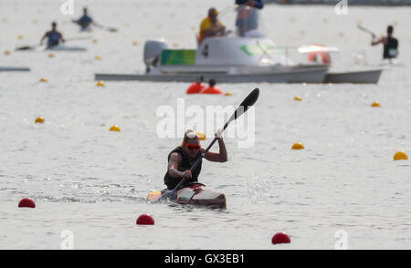 Edina Mueller of Germany competes in canoe sprint Women's KL1 Final during the Rio 2016 Paralympic Games, Rio de Janeiro, Brazil, 15 September 2016. Mueller won the silver medal. Photo: Kay Nietfeld/dpa Stock Photo