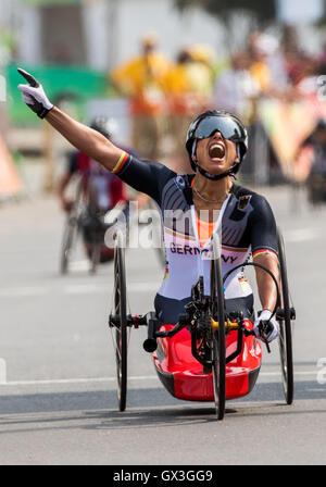 Rio de Janeiro, Brazil. 15th September, 2016. Andrea Eskau of Germany reacts after the Women's Road Race H5 during the Rio 2016 Paralympic Games, Rio de Janeiro, Brazil, 15 September 2016. Eskau wins the gold medal. Photo: Jens Buettner/dpa Credit:  dpa picture alliance/Alamy Live News Stock Photo