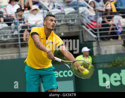 Sydney, Australia. 16th Sep, 2016. Nick Kyrgios of Australia serves to Andrej Martin of Slovakia during the Davis Cup World Group playoff in Sydney, Australia, Sept. 16, 2016. Nick Kyrgios won 3-0. © Zhu Hongye/Xinhua/Alamy Live News Stock Photo