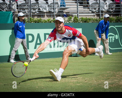 Sydney, Australia. 16th Sep, 2016. Andrej Martin of Slovakia returns the ball to Nick Kyrgios of Australia during the Davis Cup World Group playoff in Sydney, Australia, Sept. 16, 2016. Nick Kyrgios won 3-0. © Zhu Hongye/Xinhua/Alamy Live News Stock Photo