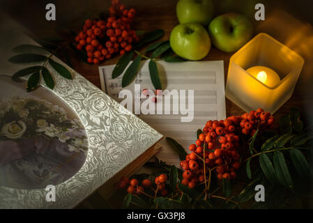 Painting. Still life with notes, flowers, fruit, rowan on wood background. It can be used to create packages, gift cards and design Stock Photo