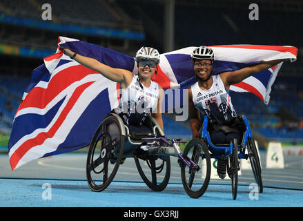 Great Britain's Hannah Cockroft (left) celebrates winning the Women's 400 metres T34 final alongside third placed Kare Adenegan during the seventh day of the 2016 Rio Paralympic Games in Rio de Janeiro, Brazil. Stock Photo