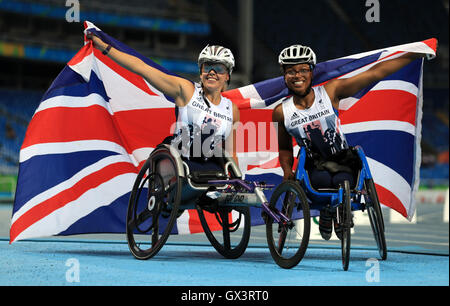 Great Britain's Hannah Cockroft (left) celebrates winning the Women's 400 metres T34 final alongside third placed Kare Adenegan at the Olympic Stadium during the seventh day of the 2016 Rio Paralympic Games in Rio de Janeiro, Brazil. Stock Photo