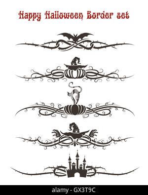 Set of Halloween borders or dividers. Holiday Decorative elements in cartoon style. Vector illustration. Stock Vector