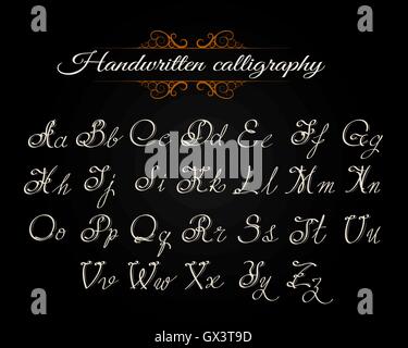 Handwritten calligraphy alphabet. Latin letters on black background. Vector Illustration. Stock Vector