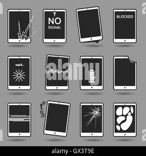 Set of damaged mobile phones. Cracked screen, broken case, water damage, software error, weak battery, overheating Stock Vector