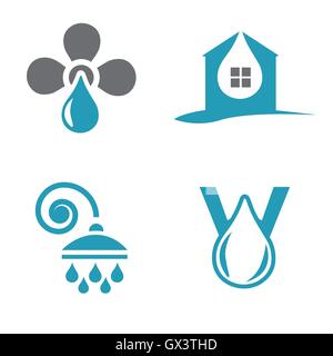 Water logos with drops. Valve logotype. Plumbing signs. Stock Vector
