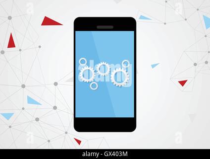 Mobile phone original design and gears on touchscreen. Communication and development concept design. Vector mobile smartphone ba Stock Vector