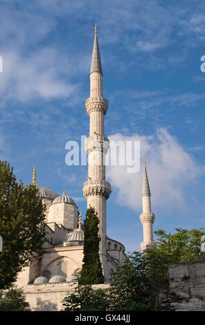 One of the six minarets of the Blue Mosque in Sultanahmet in Istanbul in Turkey Stock Photo