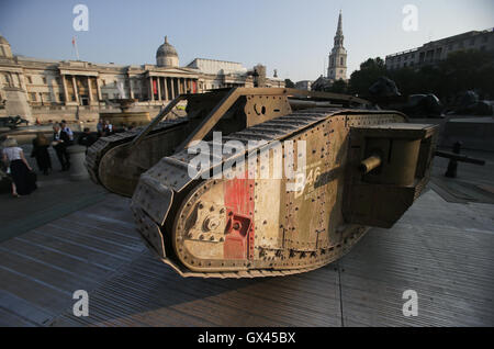 A replica First World War Mark IV tank in London's Trafalgar Square marking the centenary of an armoured vehicle's first-ever deployment during the Battle of the Somme. Stock Photo
