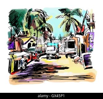 original digital drawing of India Goa Calangute Baga landscape s Stock Vector