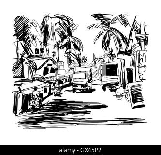 original black and white digital drawing of India Goa Calangute Stock Vector