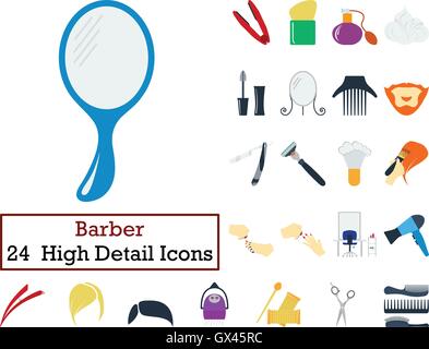 Set of 24 Barber Icons. Flat color design. Vector illustration. Stock Vector