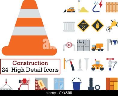 Set of 24 Construction Icons. Flat color design. Vector illustration. Stock Vector