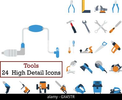 Set of 24 Tools Icons. Flat color design. Vector illustration. Stock Vector