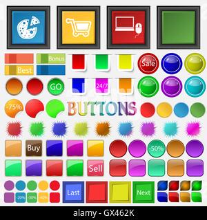 pizza, shopping cart, laptop , volume icon. Big set buttons for your site. Vector Stock Vector