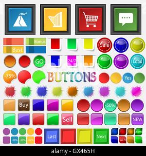 Volcano , harp , shopping cart, thought cloud icon. Big set buttons for your site. Vector Stock Vector