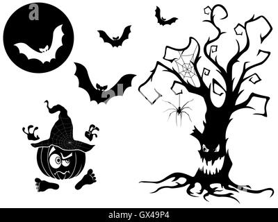Set of different vector silhouettes with Halloween attributes, namely irate dried old tree, angry pumpkin in the hat, bats, full Stock Vector