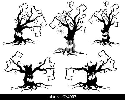 Set of five black silhouettes of irate and angry old dried trees isolated on the white background, Halloween vector illustrations Stock Vector