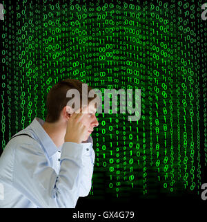 Businessman or teacher with binary on background Stock Photo